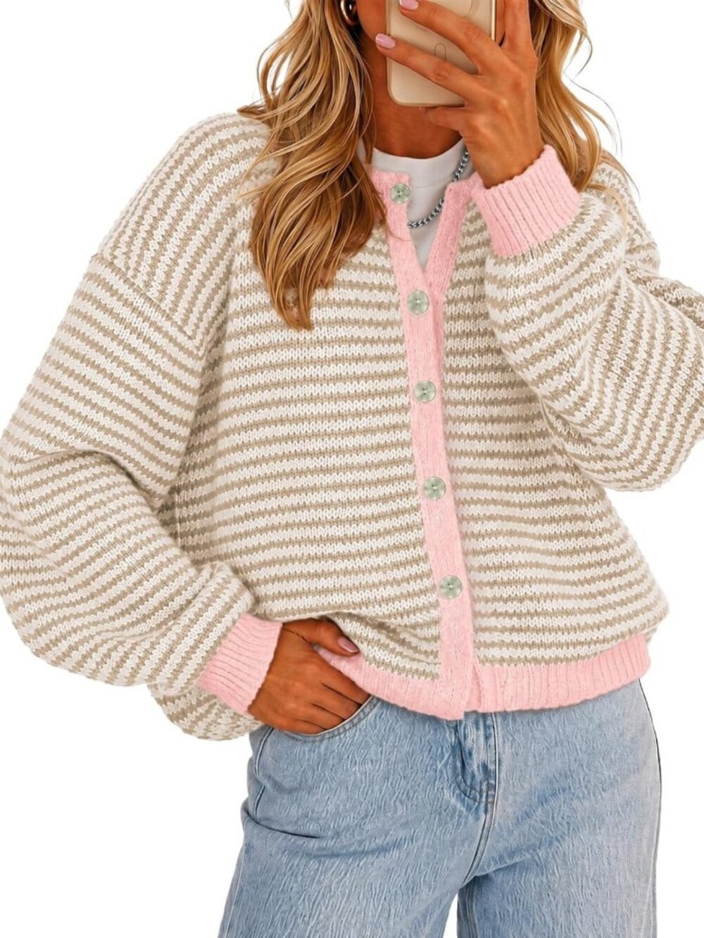 Chic Women's Striped Long Sleeve Cardigan Sweater - Button Up Knit Top